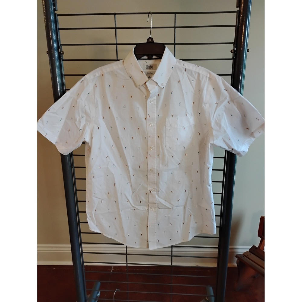 Croft & Barrow Mens White Cocktail Martini Print ShortSleeve Button Down Shirt M